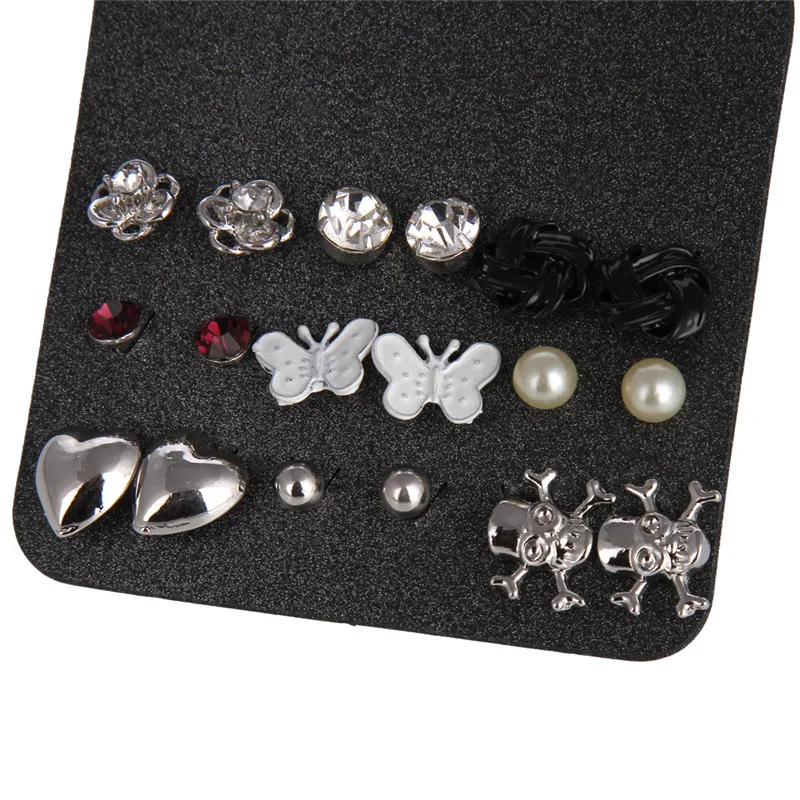 Marte&ampJoven Wholesale New Punk 9 Pairs Mixed Silver Color Heart Skeleton White Butterfly Stud Earring Sets For Women | Украшения и
