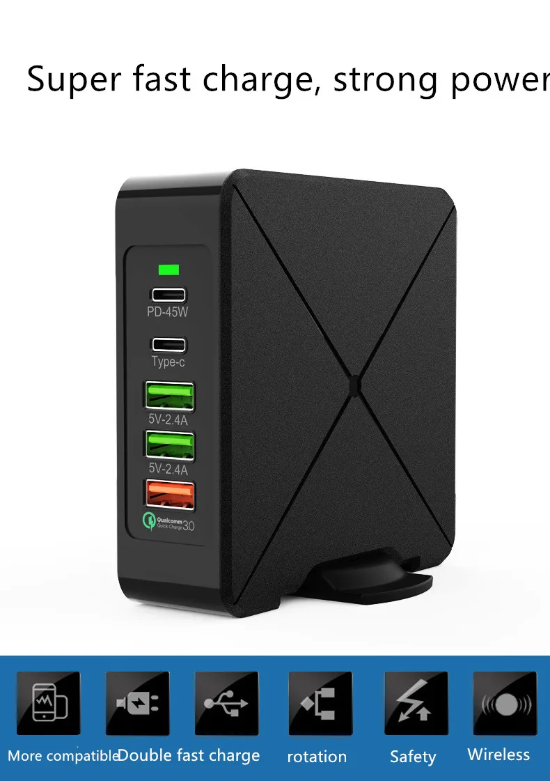 Настольное зарядное устройство PD75W многопортовое QC3.0 быстрое для ноутбука