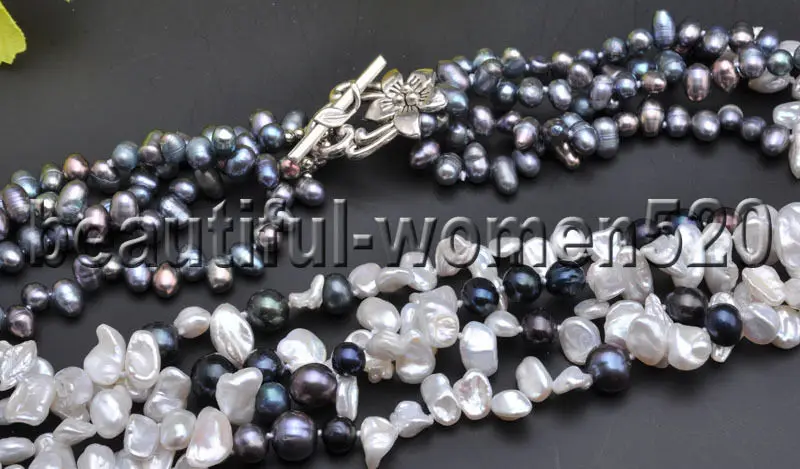 

Z7667 4Strds Black White Round Baroque Lamina Reborn KESHI PEARL Necklace 19inch