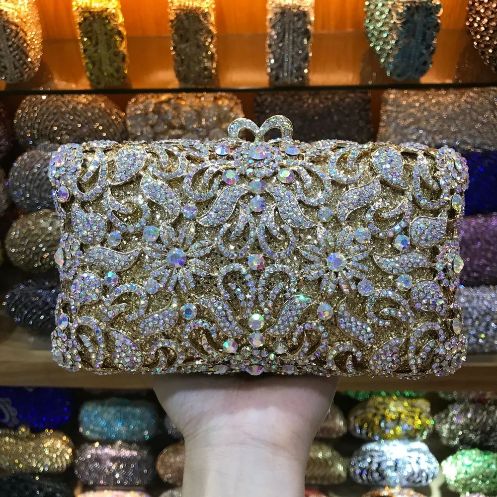 

XIYUAN Gold Metal Clutch Bags Multicolored Crystal Hollow Out Evening Clutches Handbags Women Party Purse Ladies Shoulder Bag