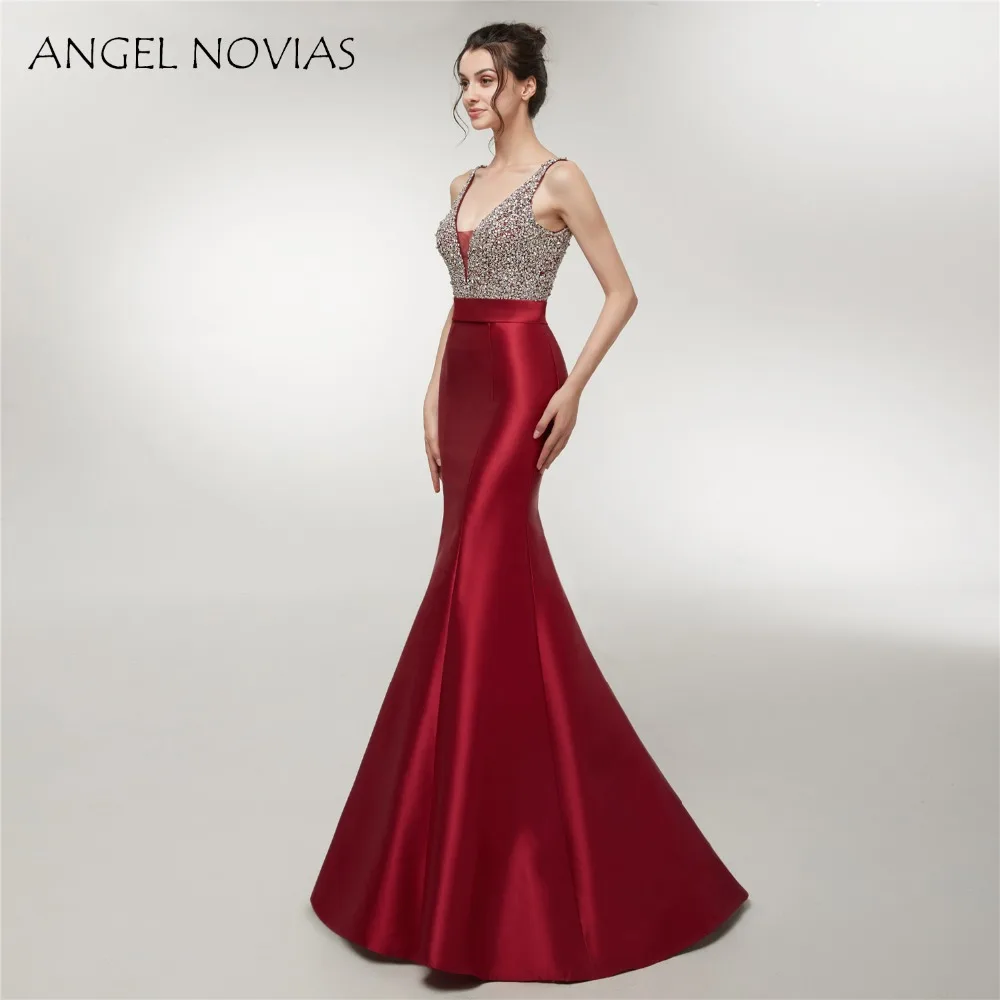 Angel Novias Long Mermaid Burgundy Satin V Neck Evening Dress Glitter Beads Backless Women Party Evening Gowns
