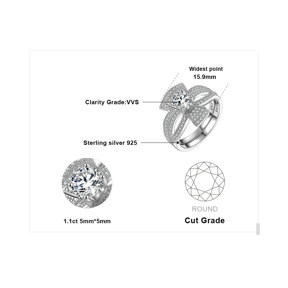 JewelryPalace круглый 1ct кубического циркония Флора с бантом из ленты; Разделение хвостовиком Обручение кольцо устанавливает 925 пробы Серебряные ювелирные изделия Модные