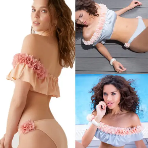Sexy Flower Women Bikini Set Push-Up Padded Swimwear Off The Shoulder Swimsuit Bandeau Bathing Suit Low Waist Floral Beachwear |