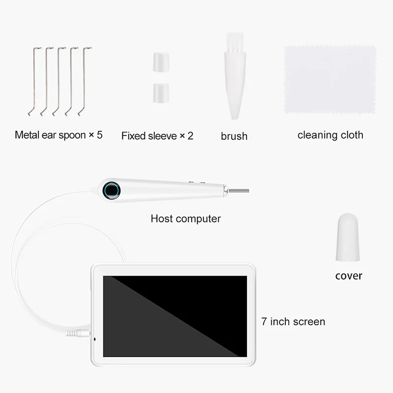3.9ММ 1080P Эндоскоп для чистки ушей с 7-дюймовым ЖК-экраном, 6 регулируемыми светодиодными лампами и ложкой для удаления серы.