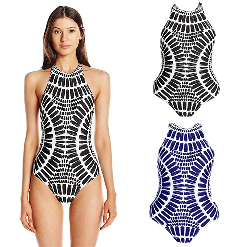 2018 Цельный купальник с открытой спиной высокой горловиной и принтом бикини