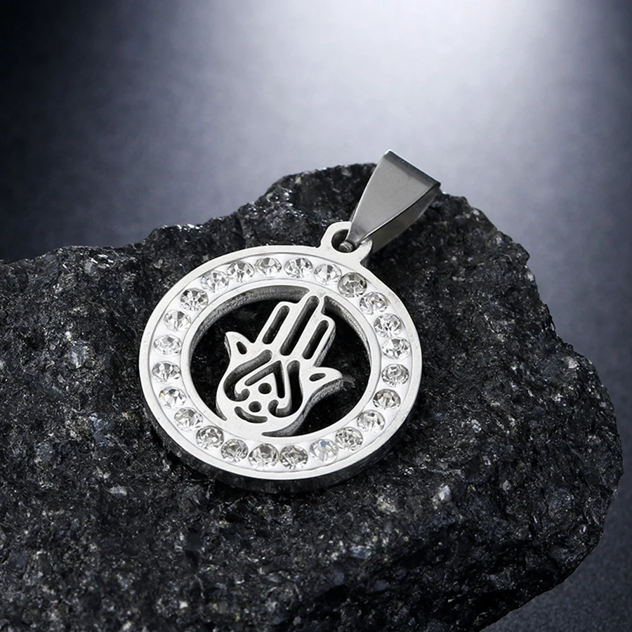 HOBBORN Trendy Hand of Fatima Amulet Women Necklace Stainless Steel Full Crystal Link Chain Fashion Men Pendants &amp Necklaces | Украшения