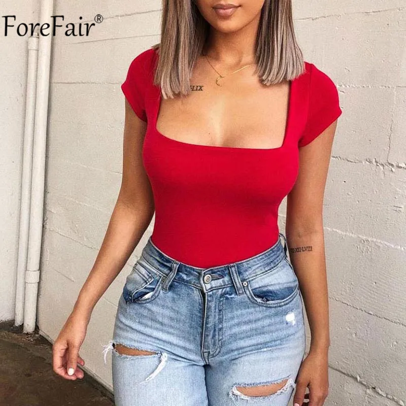 ForeFair, сексуальный черный боди, Женское боди с коротким рукавом, белый, красный, боди, комбинезон, женские летние боди, квадратный воротник, уличная одежда - Цвет: Красный