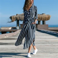 s xxxl womens sashes blue striped a line party dress long sleeve turn down collar casual shirt dresses 2019 summer ladies dress