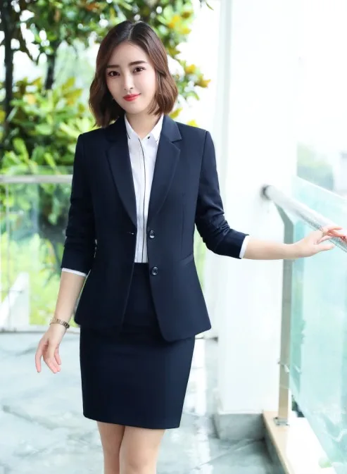 Navy coat and Skirt Naviu, новинка, Модный женский комплект из двух предметов, брючный костюм, офисный стиль, Униформа, длинный рукав, блейзер и брюки, официальные костюмы - Цвет: Navy coat and Skirt
