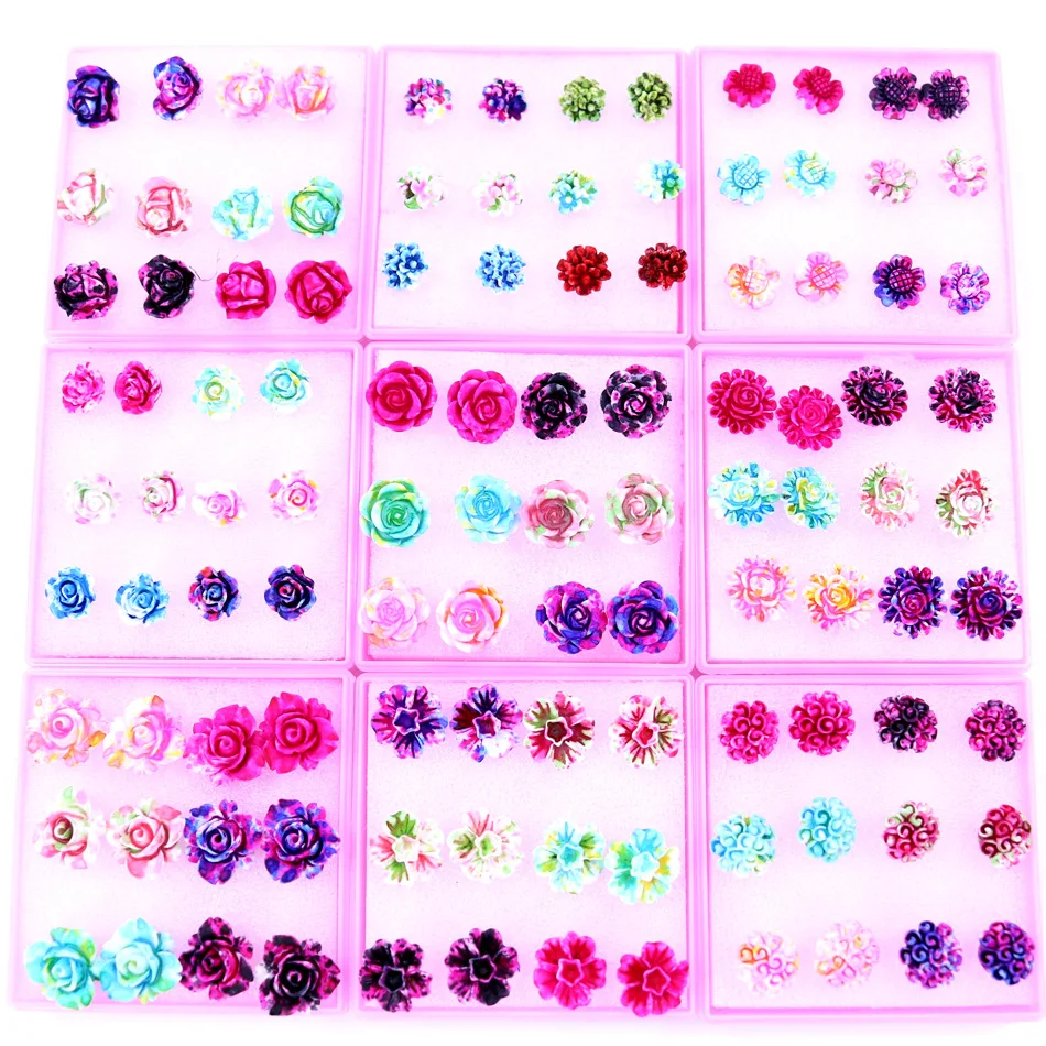 Серьги-гвоздики с розой/подсолнухом 6 пар гипоаллергенные пластиковые украшения