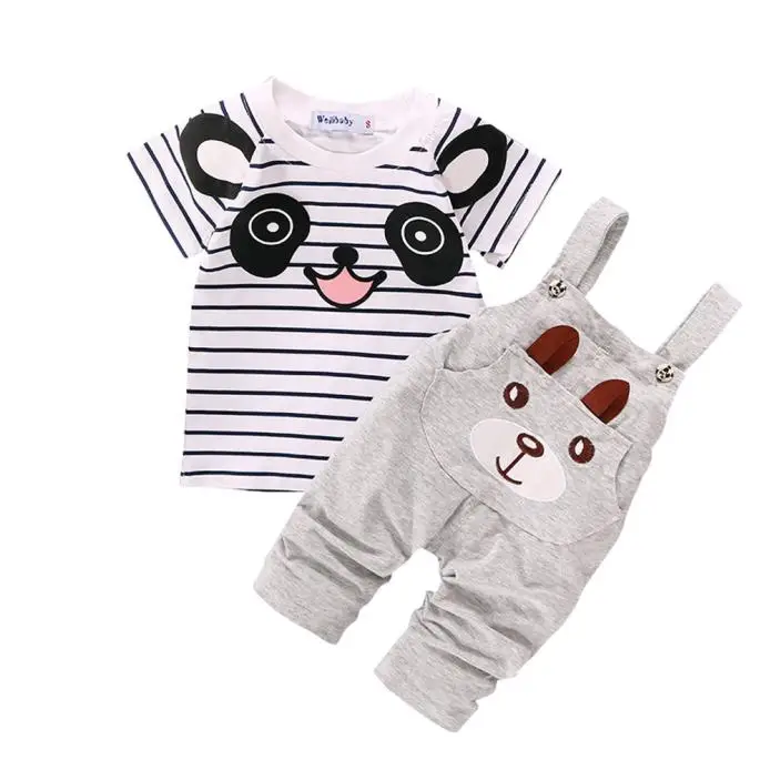 Children Clothing baby girl boys clothes Set Little Bear Stripe Short-Sleeve T Shirt +Straps Pants Kids Sport Suit | Детская одежда и
