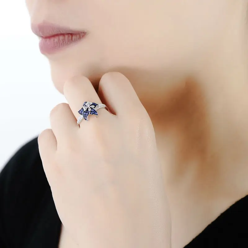SANTUZZA Silver Ring For Women 925 Sterling Blooming Flower Blue Pink White Cubic Zirconia anillos Party Fine Jewelry | Украшения и