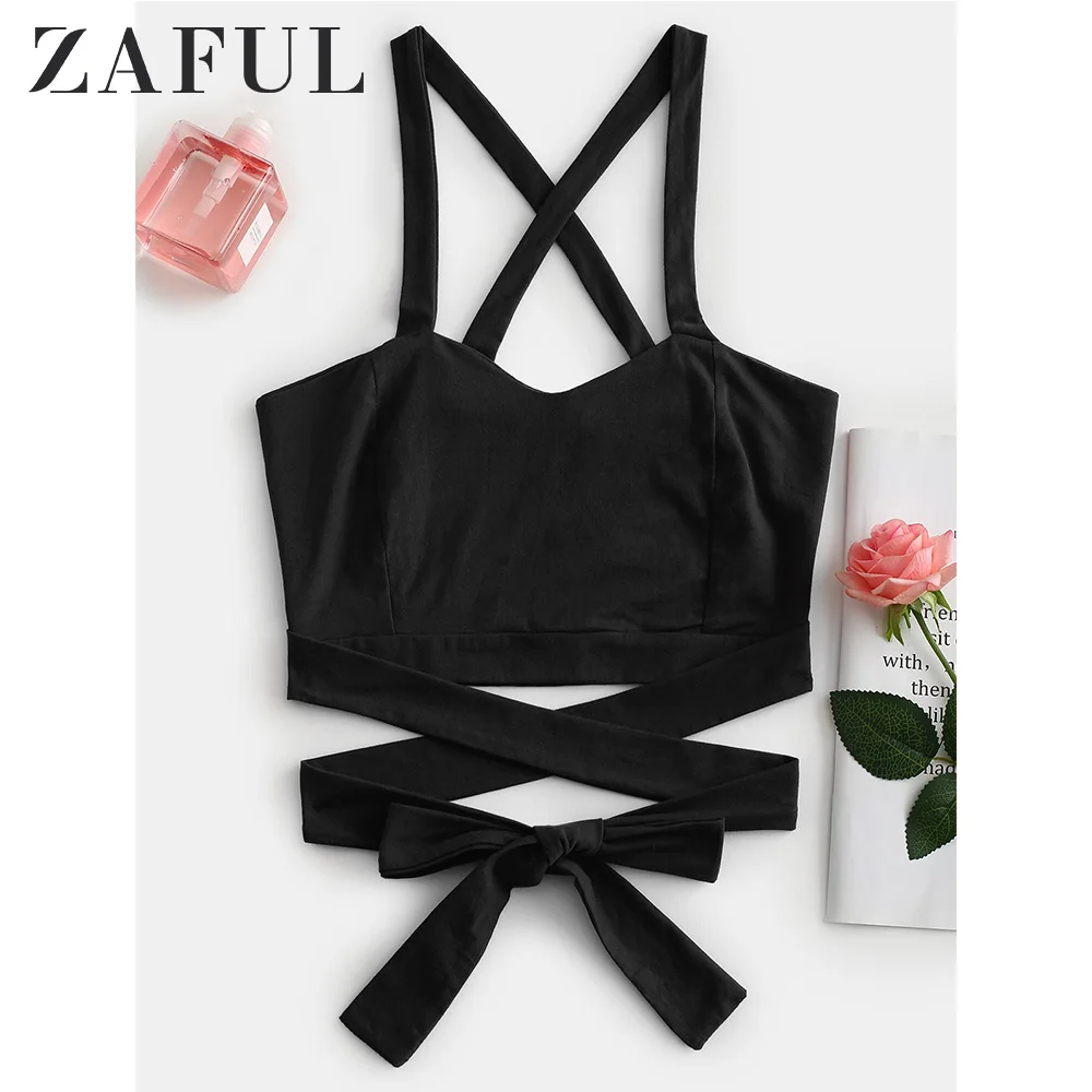 ZAFUL Майка с перекрещенными бретельками и V образным вырезом Эластичные сплошные