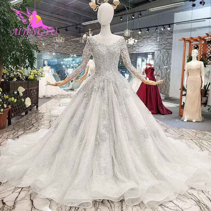 AIJINGYU блестящее роскошное кружевное платье, королевские романтические мексиканские Бальные платья, простое свадебное платье