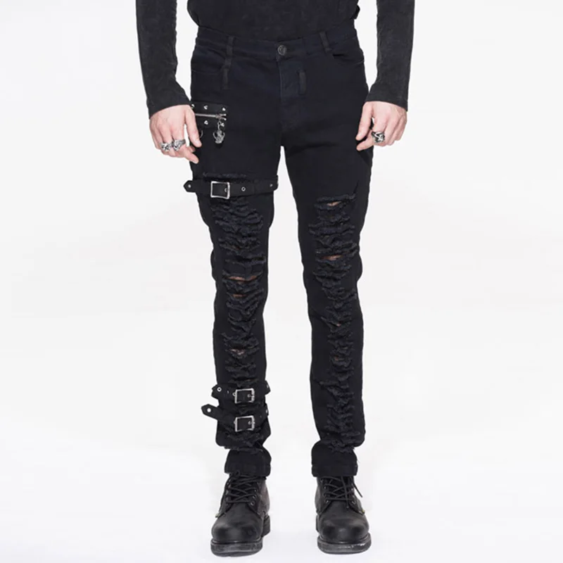 Punk Rock Men Jeans Caual Long Pants Holes Metal Pencil Pants Personality Trousers Black Jeans Performance Costume