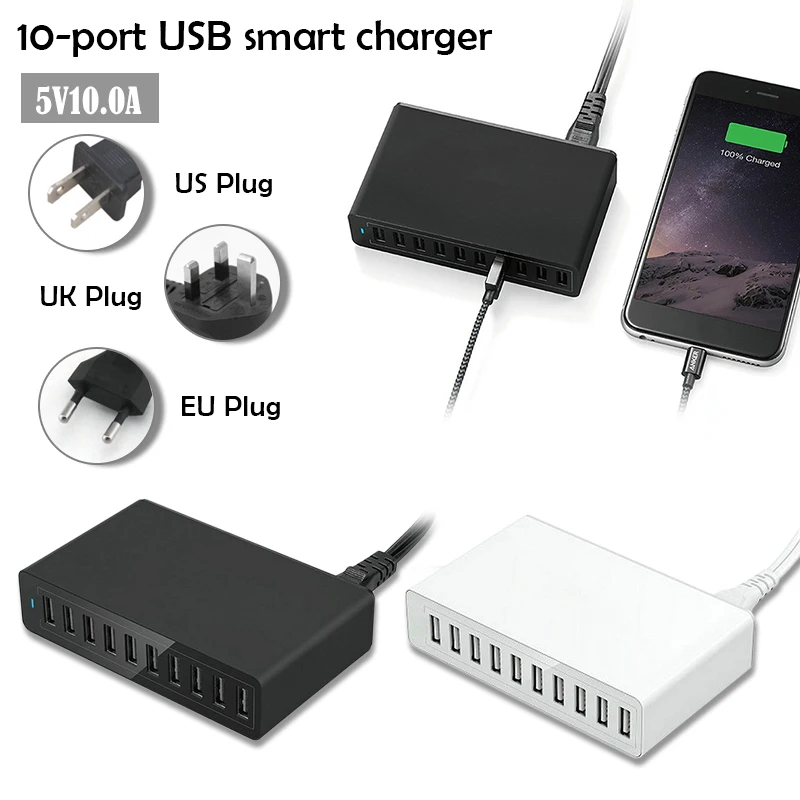 10A 10-Порты и разъёмы USB Зарядное устройство стандарта ЕС, США, Великобритании Plug Стандартный универсальные чехлы для мобильного телефона для рабочего стола, Зарядное устройство 50 Вт AC 100V~ 240V Мульти док-станция для зарядки