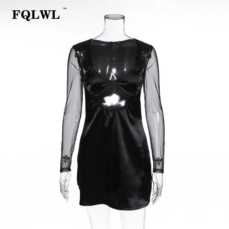 Женское атласное платье с длинным рукавом FQLWL черное красное Клубное вечерние