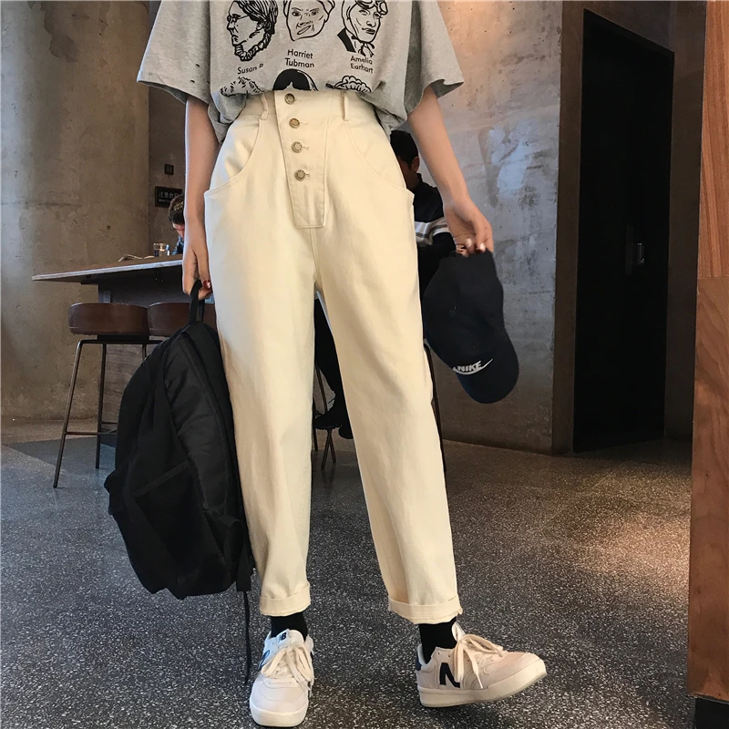 Для женщин брюк в Корейском стиле Панк Harajuku Ulzzang Высокая Талия Однобортный прямые