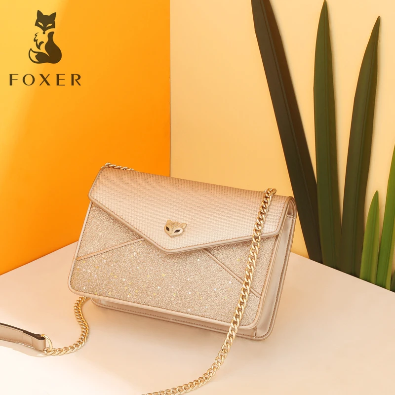 FOXER Brand Girls Gold Chains Message Bag Chic Women Playful Pacthwork Crossbody Bags Female Sequin Flap | Багаж и сумки