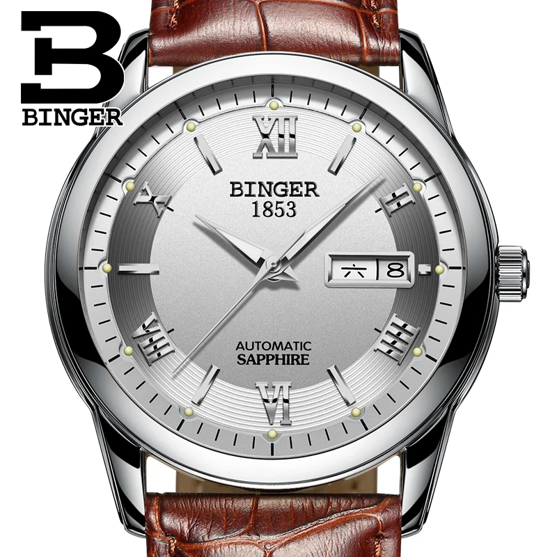 Switzerland watches men luxury brand Wristwatches BINGER luminous Mechanical leather strap Waterproof BG-0383-12 | Наручные часы