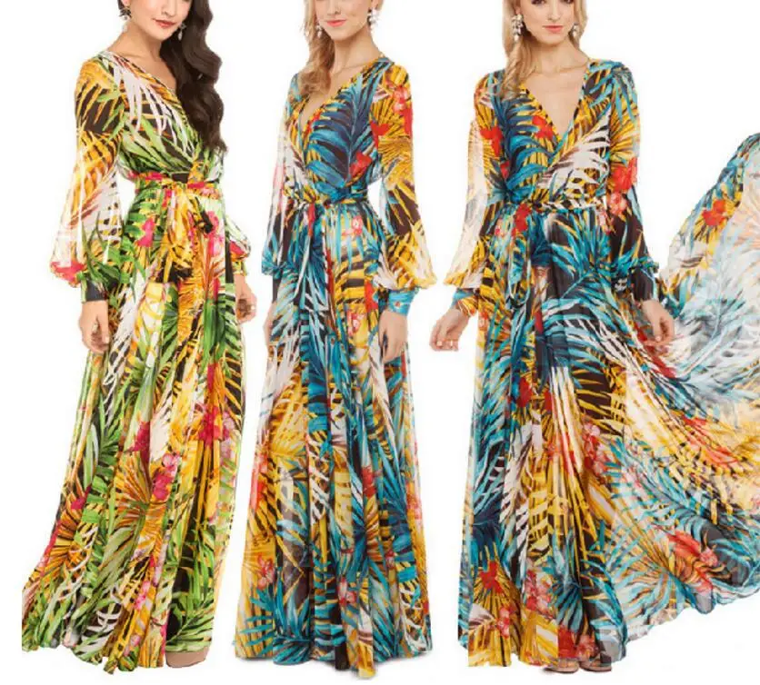 Осеннее Бохо длинное платье с принтом пальмового листа и длинными рукавами