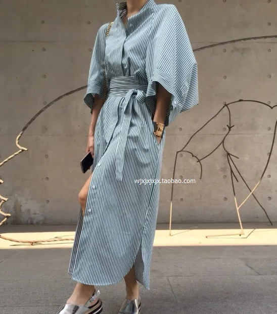 Женское офисное платье-рубашка в полоску повседневное Длинное свободное платье