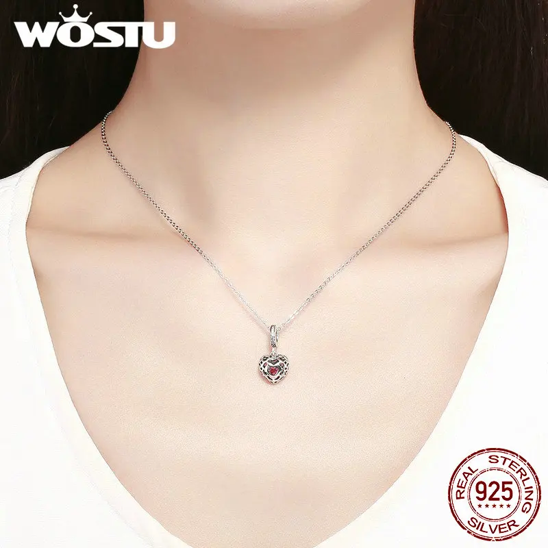 WOSTU подлинный 925 пробы Серебряный Драгоценный камень Любовь Шарм подходит браслет и ожерелье кулон прекрасный модный роскошный бренд ювелирные изделия FIC1007