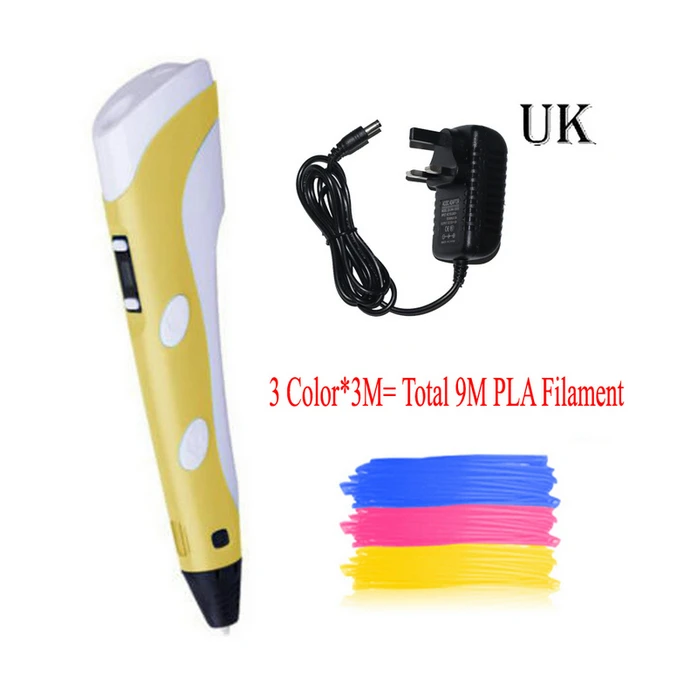 Yellow UK 9m 3Color Dikale Lapiz 3D печать ручка 2-го поколения Impresora 3D Imprimante Caneta карандаш PLA нити для детей и взрослых DIY подарок на день рождения - Цвет: Yellow UK 9m 3Color