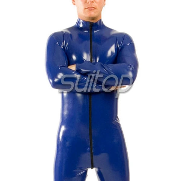 Высокое качество темно голубой латекс резина catsuit склеенный с передней