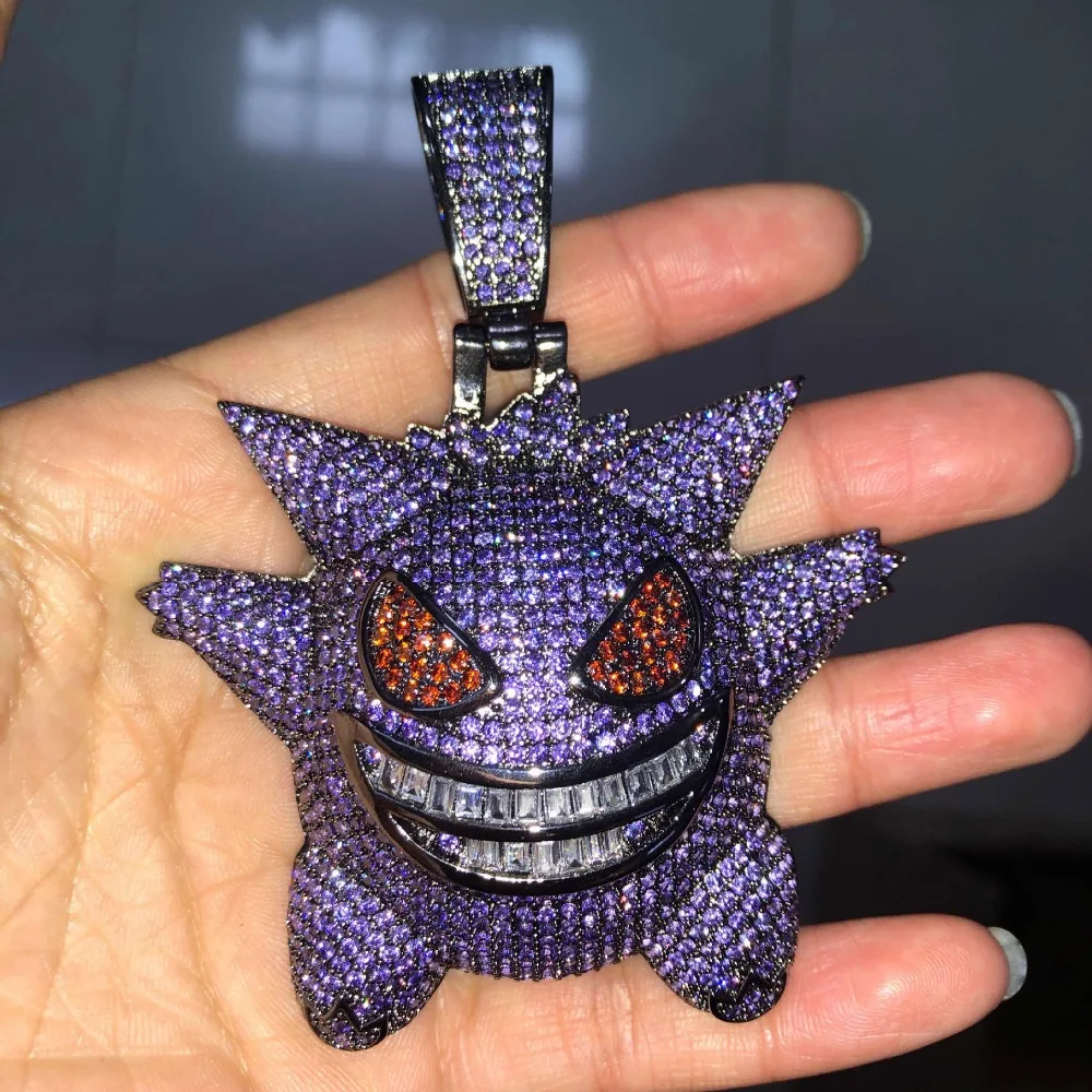 Новое поступление розовая большая маска покемона Gengar кулон ожерелье для мужчин хип хоп AAA CZ Циркон Bling Ice Out Rapper ювелирные изделия 2" кубинская цепь