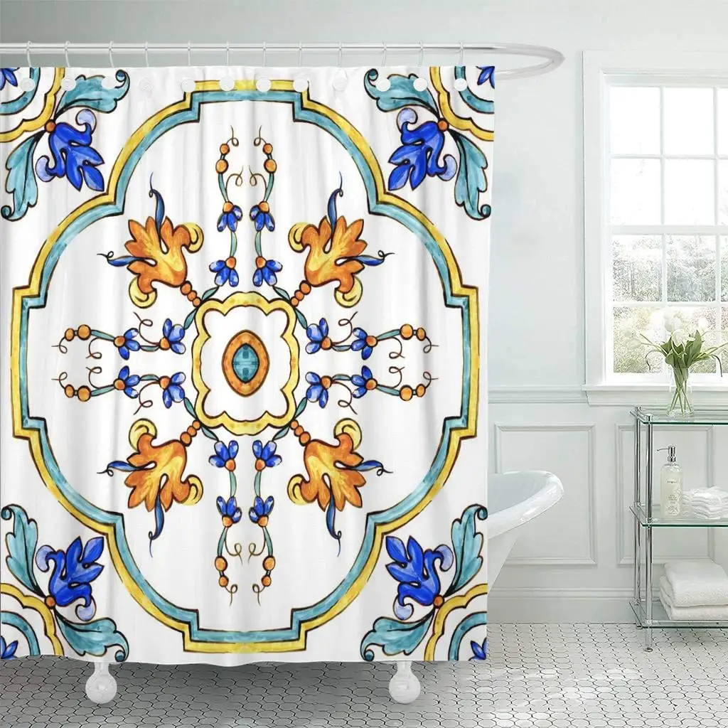 Занавески для душа акварельные украшения на итальянской плитки Majolica голубой