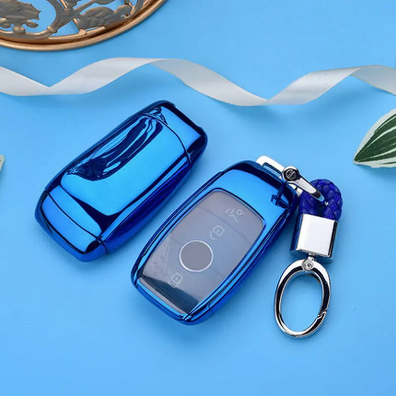 blue with keychain ТПУ автомобильный чехол для дистанционного ключа для Mercedes E S класс AMG E200 E260 E300 E320 W213 защитный чехол для ключа Держатель - Название цвета: blue with keychain