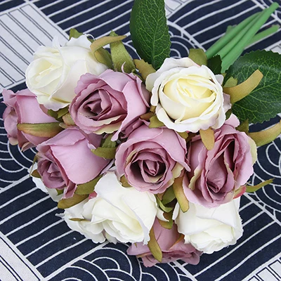 12PCS White Purple 7/8/9/12 шт./лот Искусственные цветы розы свадебный букет год розовый Королевская роза из шелка с цветочным принтом украшения дома Свадебная вечеринка Декор - Цвет: 12PCS White Purple