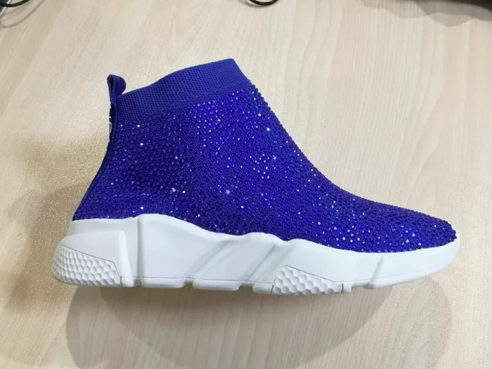 Blue Женские кроссовки со стразами; спортивные ботинки; блестящие стразы; вязаная дышащая обувь; Женская Роскошная Повседневная обувь; женские кроссовки - Цвет: Blue