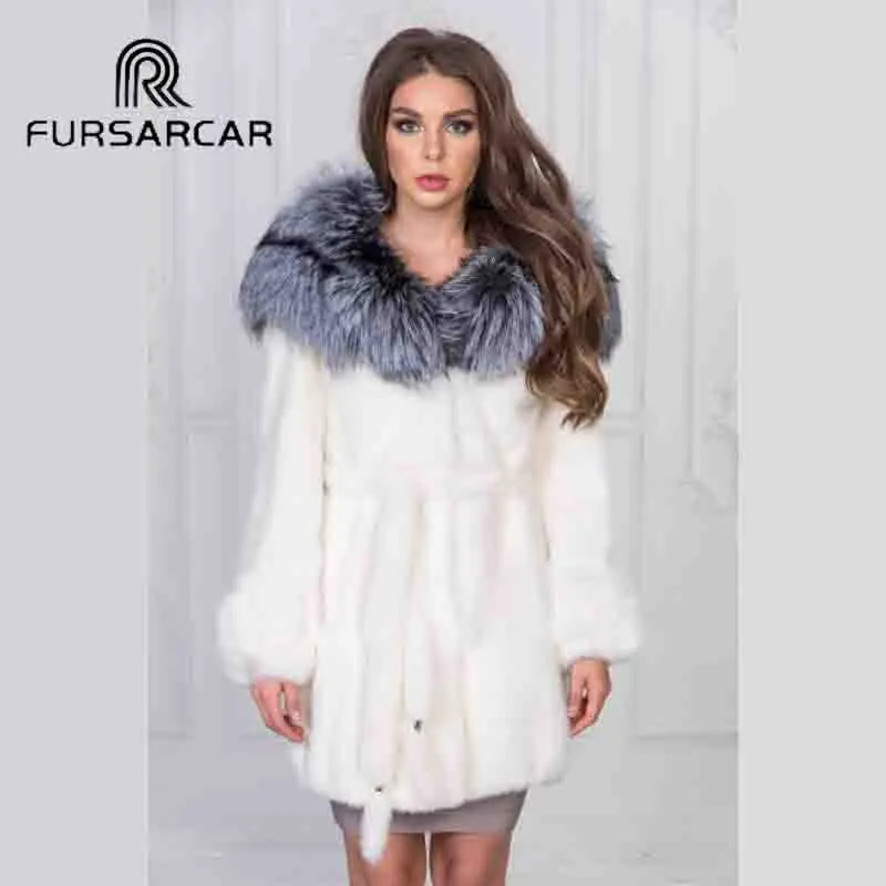 FURSARCAR Новое поступление Полный Пелт шуба из натуральной норки для женщин с воротником из Меха чернобурки натуральный мех норки Женское пальто