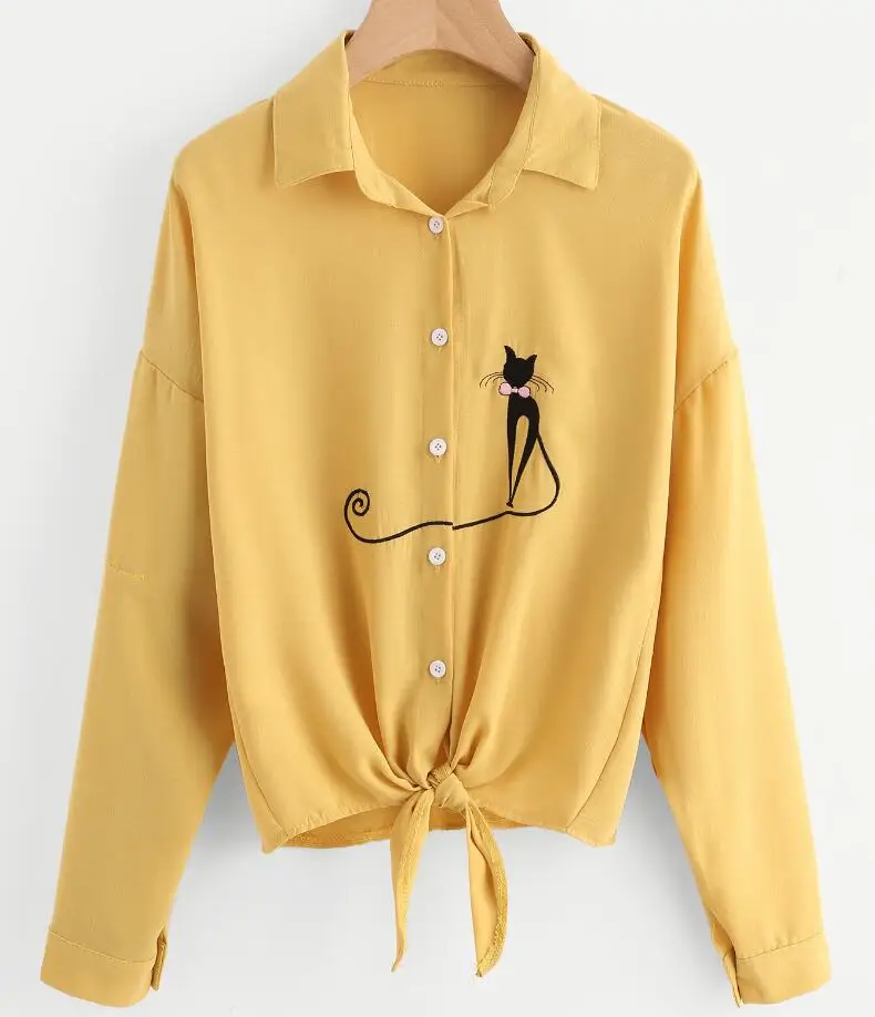 Женская шифоновая блузка с длинным рукавом и вышитым котом осенняя рубашка в