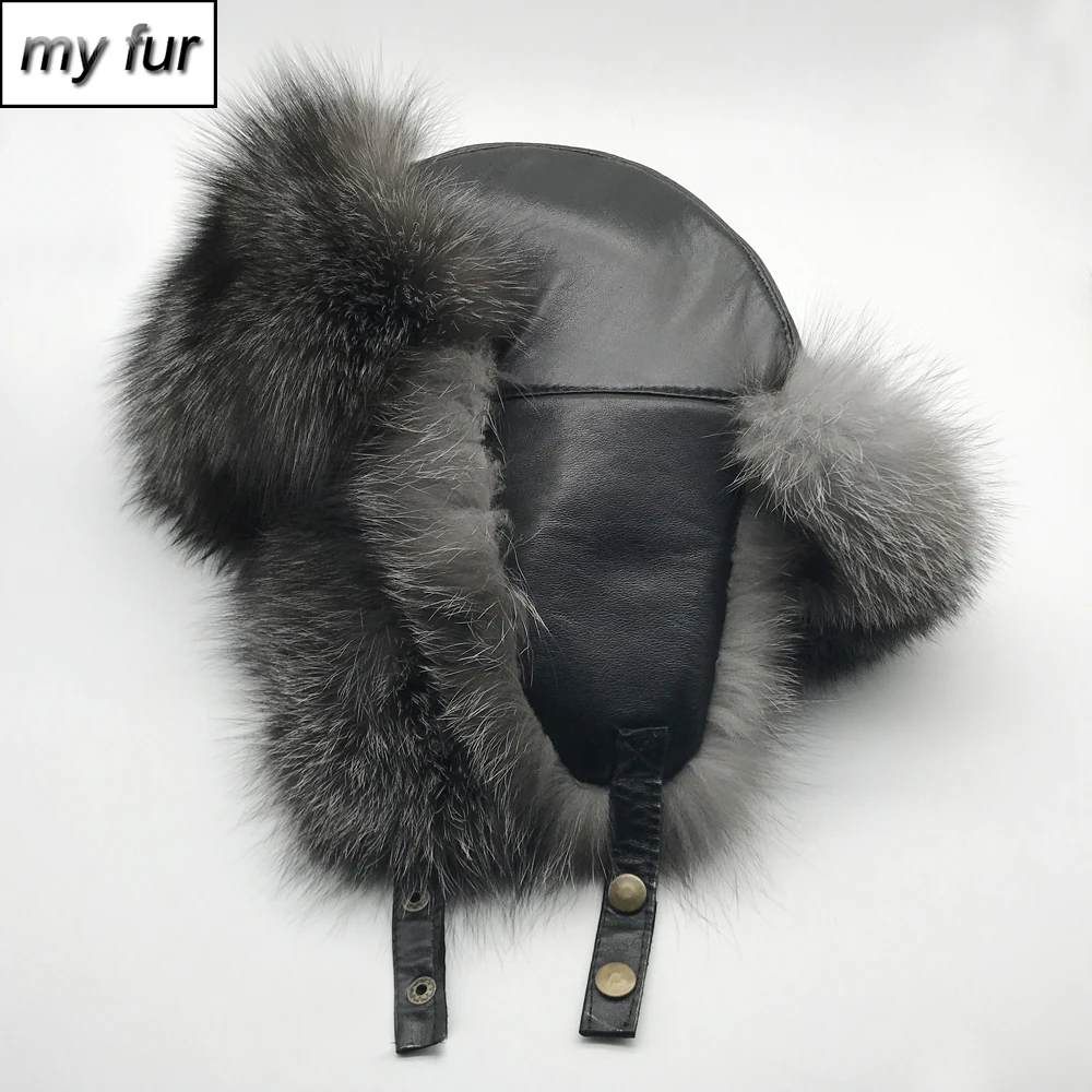 Новинка Русская Шапка бомбер унисекс из натурального меха лисы на зиму женские и