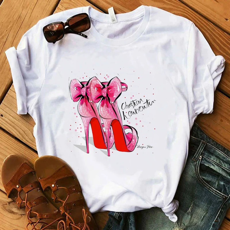 

Розовая футболка с бантом на высоком каблуке, женская летняя рубашка из 100% хлопка, женские футболки с цветочным принтом и сердечками, Повсед...