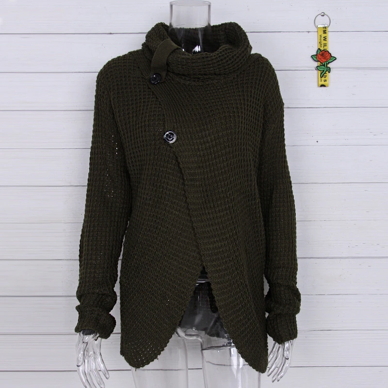 Winter Casual Cardigans Female Thick Knitting Cardigan Scarf Neck Irregular Tops Buttons Streetwear Women Solid Color Sweaters |
