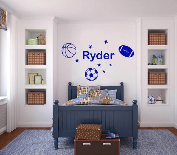 Фото Персонализированное название и баскетбол футбол DIY Съемная Наклейка на стену Персонализированное название и баскетбол футбол DIY Съемная Наклейка на стену