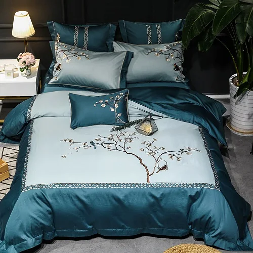 Green bedding set С цветочной вышивкой птицы пододеяльник, белый; комплект люксовых туфель 600TC Египетский хлопок ультра мягкие постельные принадлежности набор постельного белья King Размеры queen 4/7 шт - Цвет: Green bedding set