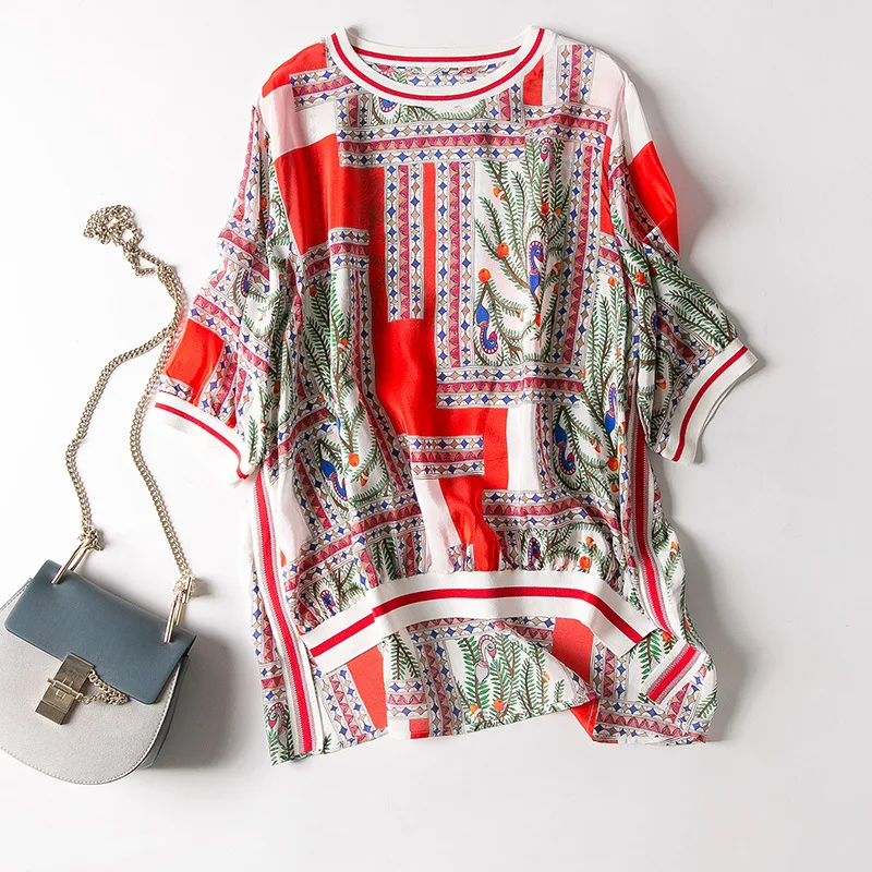 Весеннее платье с круглым воротником оранжевого цвета принтом шелковых рубашек