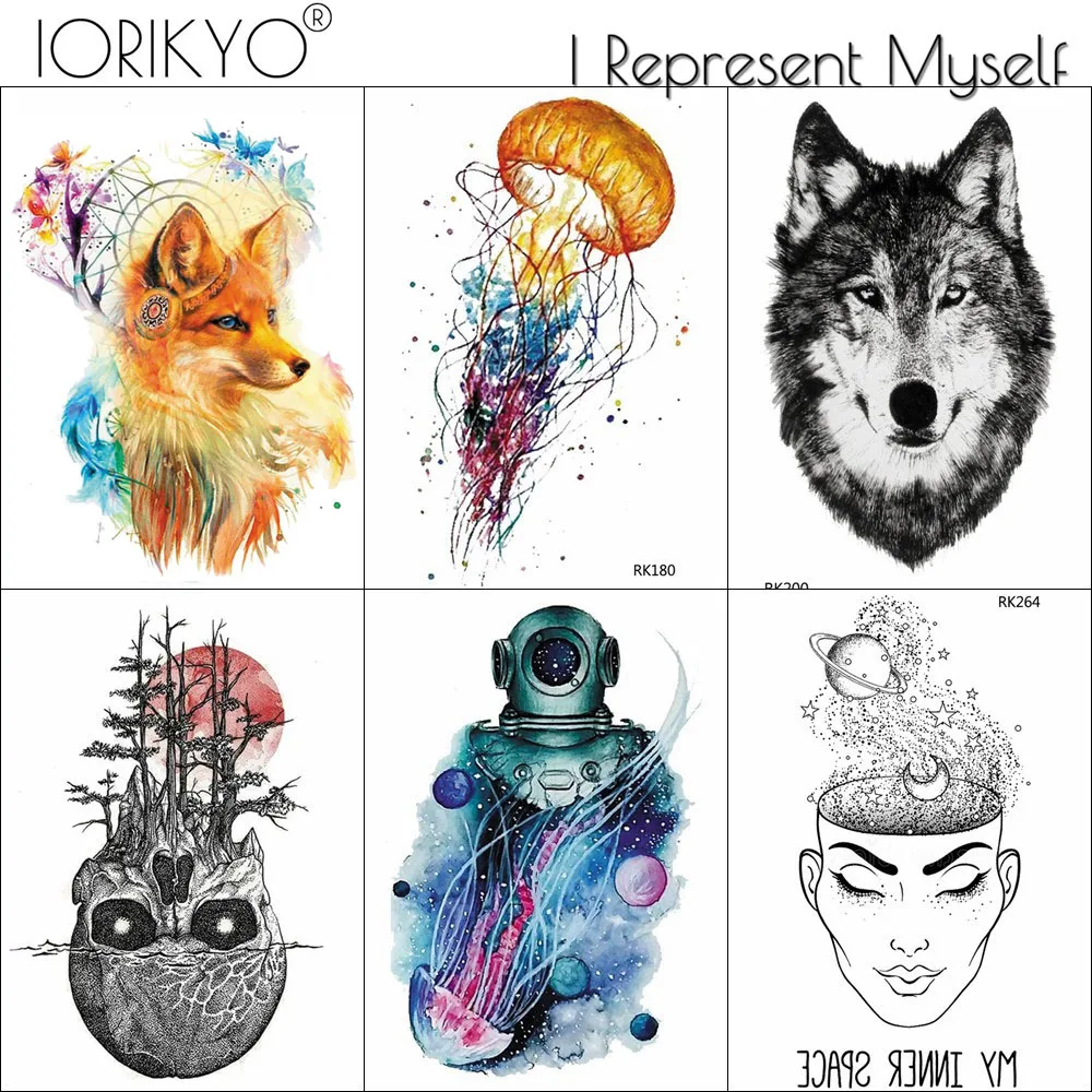 

IORIKYO Flash Civet Cat Spaceman Tattoo Galaxy Cosmonaut Temporary Tattoo Stickers Watercolor 3D Jellyfish Waterproof Tatoo Arm