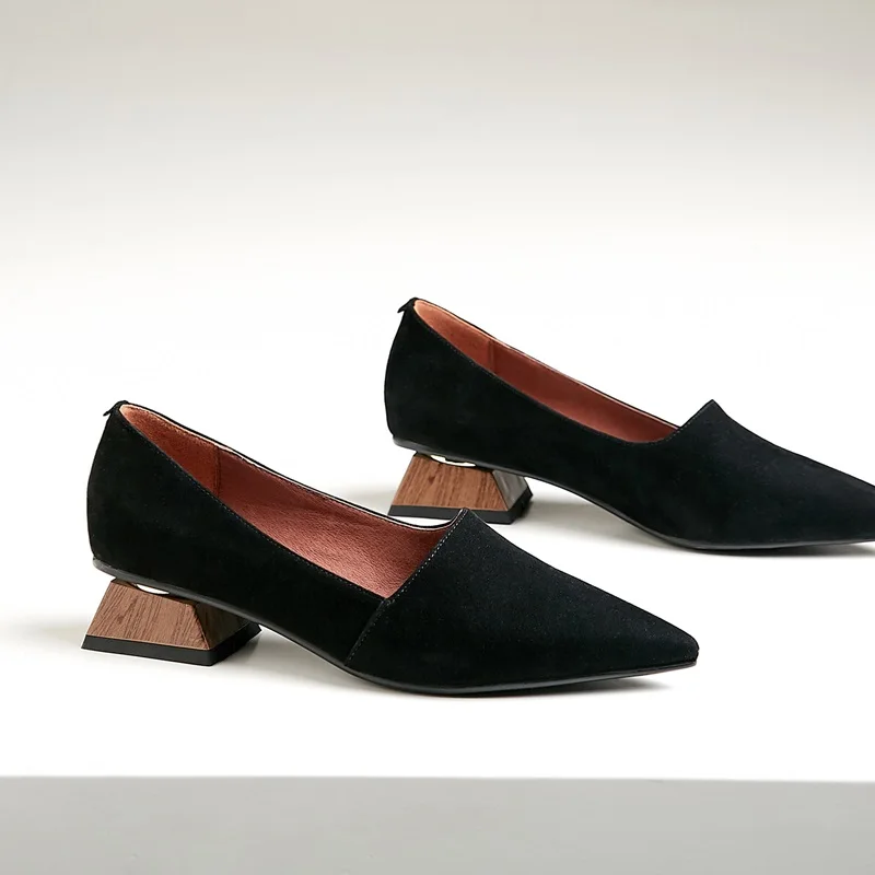 black ZVQ women pointed toe fashion heels square thick low heel ladies kid suede upper woman spring shoes office ladies working heels - Color: black