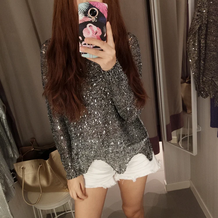 Cakucool женский свитер с пайетками полым каблуком трикотажный пуловер длинным