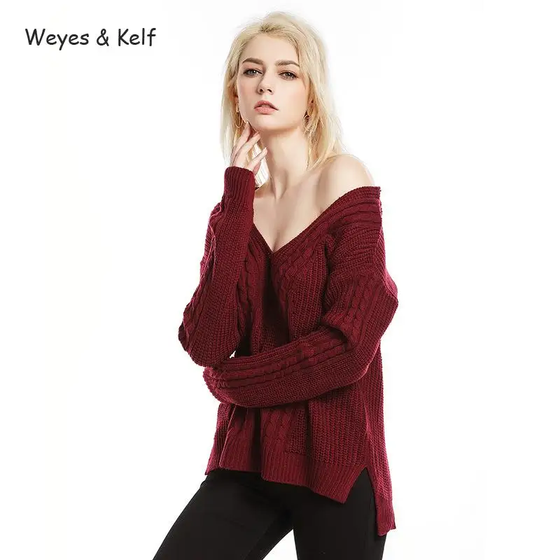 

Weyes & Kelf Winter V-neck Long Sleeved Sweater Women 2020 Autumn Solid Twist Pattern Pulover Feminino Sueter Mujer Pull Femme