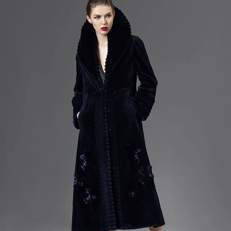 LVCHI Winter2017 Import Red Mink Fur Coat Women's Long Sleeve Coat Black Butterfly Neck Real Natural Fur Print X-Long Mink Coats