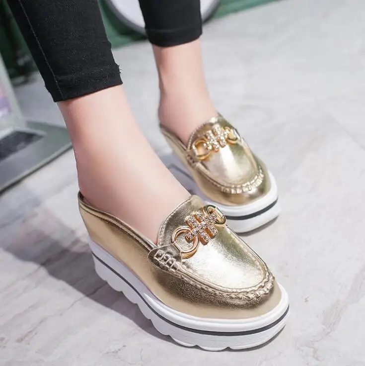 

Woman mules shoes sandals Rhinestone chains metal buckle design slippers Baotou Platform shoes Wedges slipper