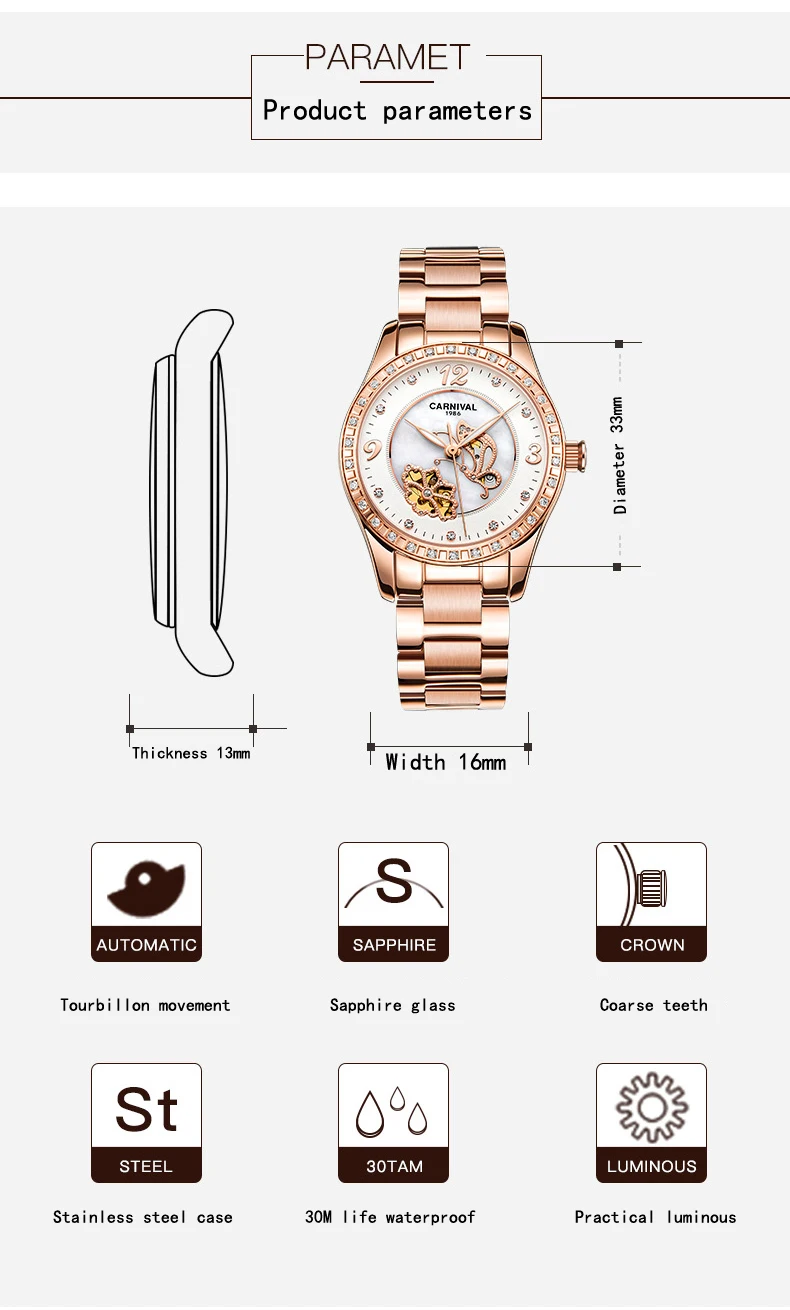 Carnival Mechanical Watch Women Ceramic Clock Butterfly Design Women's Watches Top Brand Luxury Women Sapphire Crystal Female