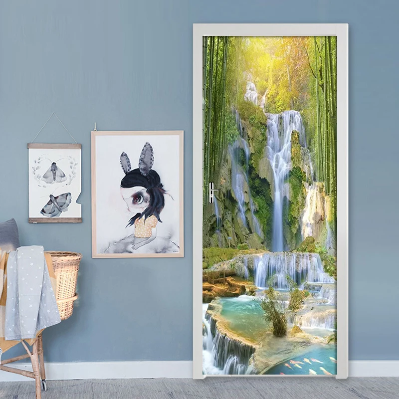 DIY лес водопад аквапарк двери наклейки на стену ПВХ самоклеющиеся 3D обои для гостиной спальни двери Декор наклейки